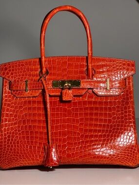 HERMES POROSUS CROCODILE BIRKIN 30 GHW FEU ORANGE